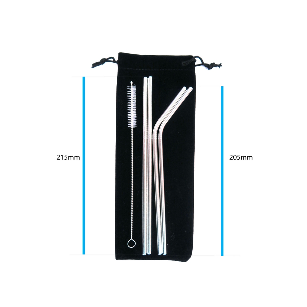 不鏽鋼飲管套裝(2直2曲)連刷子及束口袋 Stainless Steel Straw Set (2 Straight & 2 Angled) w/Brush & Bag